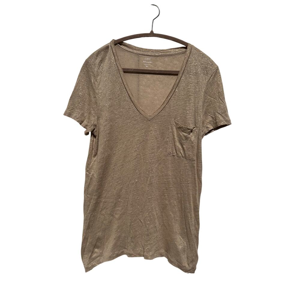 J.Crew Shirt Women's Medium 100% Linen Gold Metallic Short Sleeve Vneck